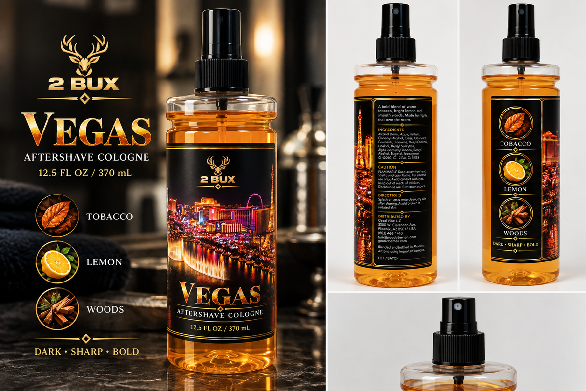 2 BUX Vegas Aftershave Cologne – Tobacco, Lemon & Woods – 12.5 fl oz / 370 mL