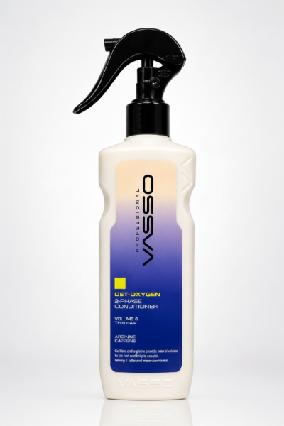 Vlasso Professional Det-Oxygen 2-phase conditioner spray bottle with a black trigger sprayer and a white-to-blue gradient label, shown on a clean white background.