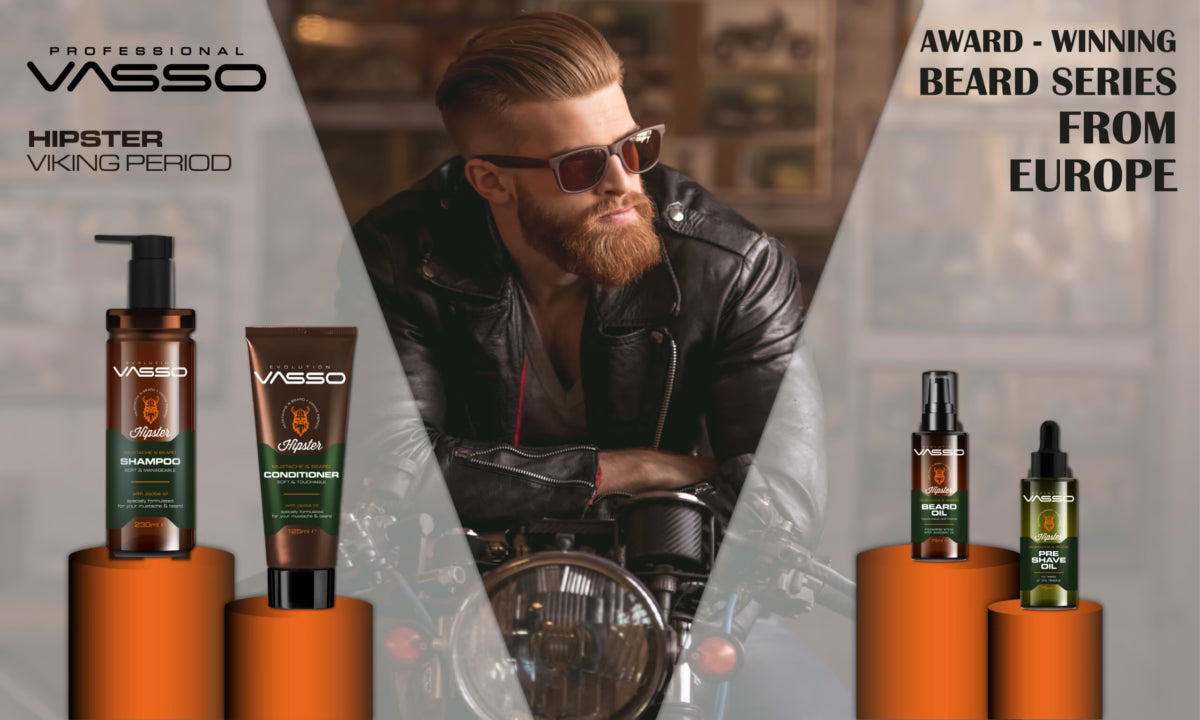 VASSO beard care products with a man in sunglasses and leather jacket.