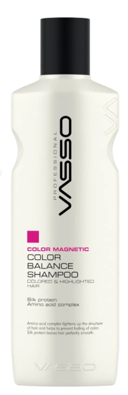 A white bottle of Vassos Color Magnetic Color Balance Shampoo with a black cap, shown against a plain white background.
