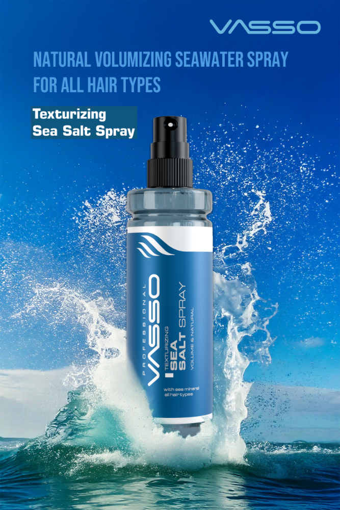 Vasso texturizing sea salt spray bottle with ocean wave background