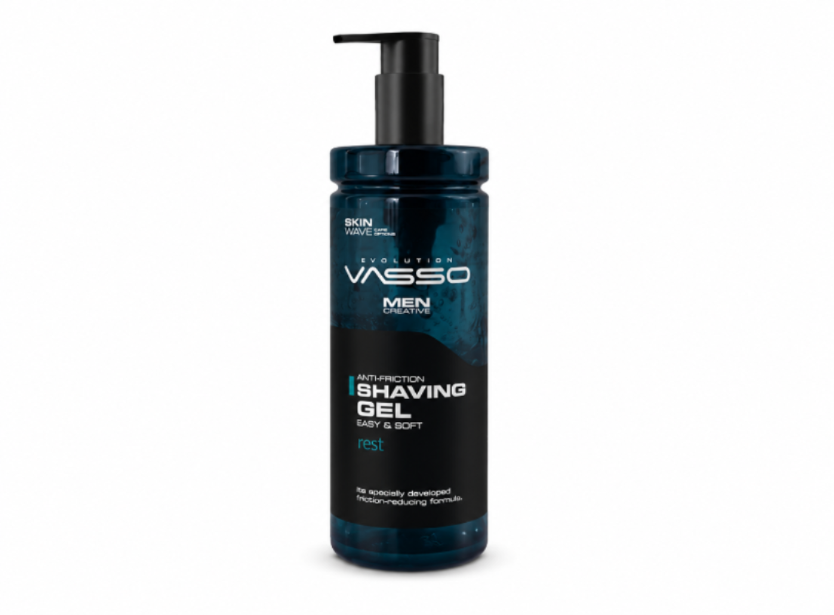 Vasso Men Creator Anti-irritation Shaving Gel in a dark blue and black pump bottle, shown on a plain white background.