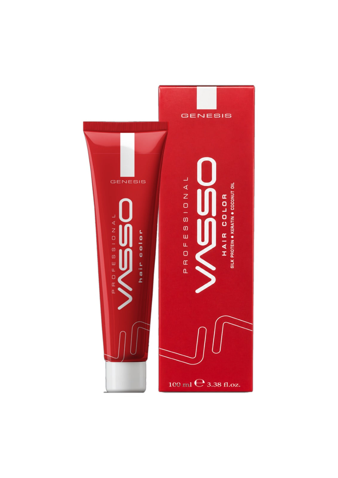 Vassopro Professional Hair Color dye in a red squeeze tube next to its matching red retail box, featuring the Vassopro and Genesis branding on a plain white background.