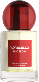 Vasso Blossom Perfumed Hair Spray in a clear glass bottle with a red spherical cap and a red front label.