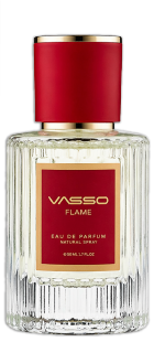 Vasso Flame Eau de Parfum in a clear glass bottle with a red cap and a red-and-gold front label.