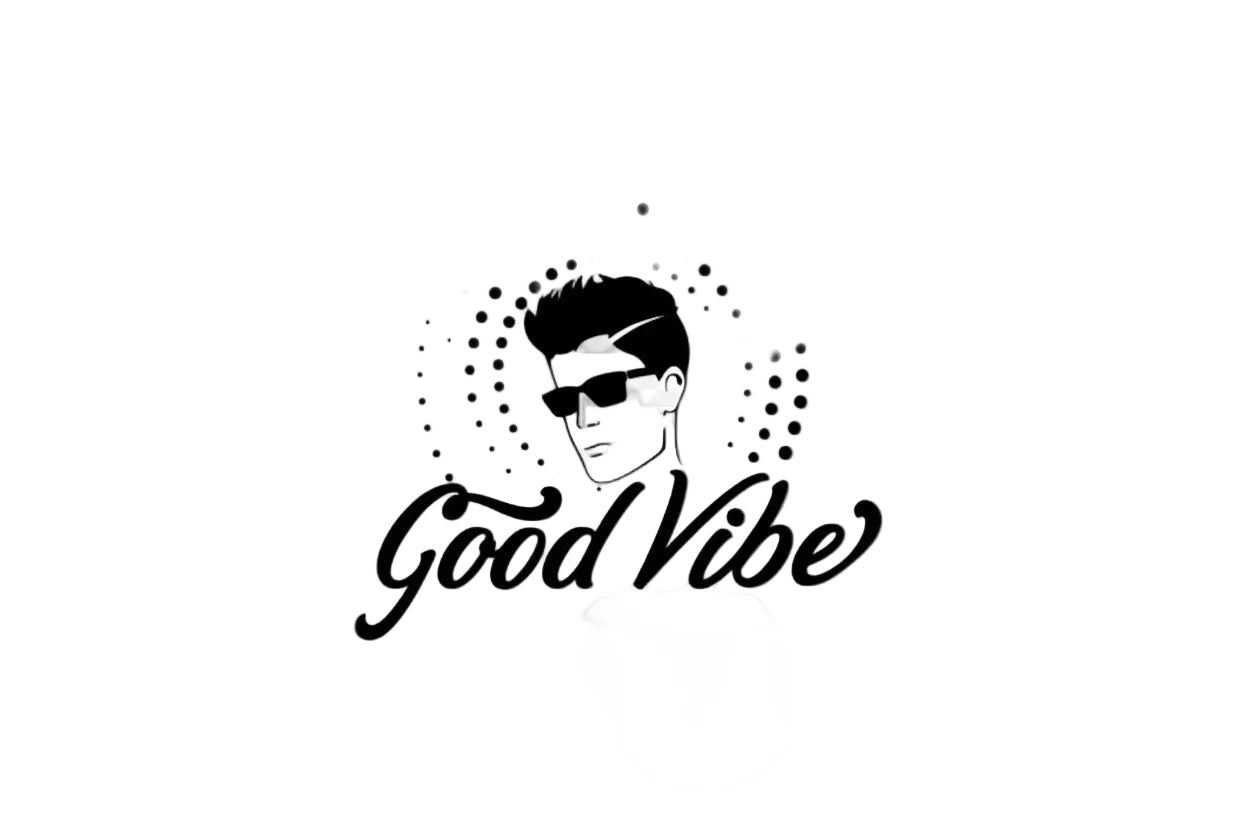 Logo with a stylized face wearing sunglasses and the text 'Good Vibe' surrounded by black dots on a white background.