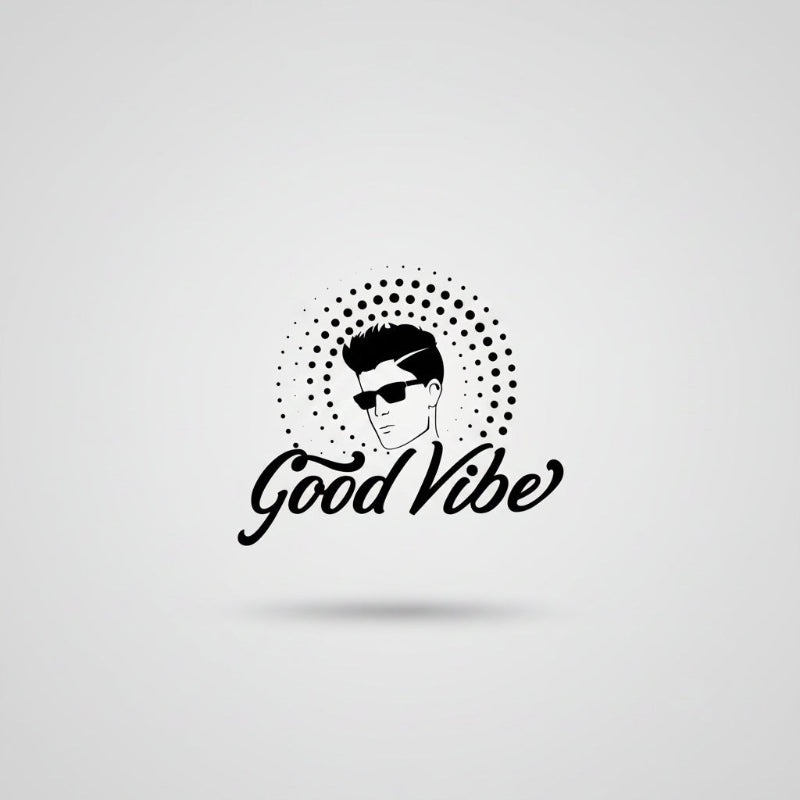 Logo with a stylized face wearing sunglasses and the text 'Good Vibe' surrounded by black dots on a white background.