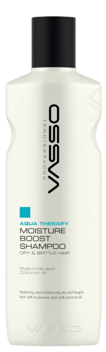 A white bottle of VassO Aqua Therapy Moisture Boost Shampoo with a black cap, shown against a plain white background.