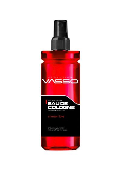 Vasso Red Face Fresh Eau de Cologne Relax & Comfort spray bottle in 'crimson love' scent, featuring a translucent red bottle and a black spray nozzle, shown on a plain white background.
